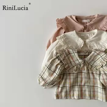 RiniLucia/ Сладки Тениски за малки момичета в Клетката, Обикновена Риза с дълги Ръкави и Набори, Пролетно-есенни Модни Ежедневни Блузи
