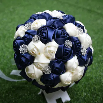 Високо Качество на крем + тъмно синьо Булчински Букет за Шаферка Цветя С Кристали на Сватбени Цветя, Вечерни Аксесоари За Дома