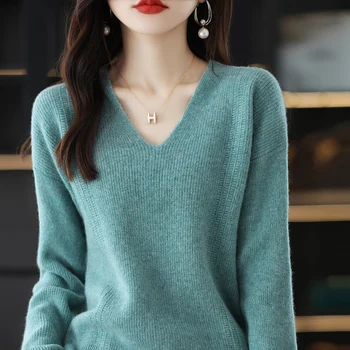 Вязаный вълнен пуловер с V-образно деколте и игла, женски есенно-зимния нов стил, мързелив свободен и тънък пуловер, пуловер с дъното