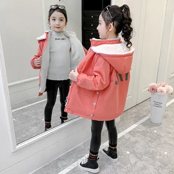 Есенно-зимни Плътни памучни палта за момичета 2022 г., Нова Мода Топла Мека Връхни дрехи за момичета, Якета с цип, с качулка и принтом за деца от 5-12 години