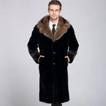 Есенното яке от изкуствена норка, мъжки зимни утепленная топла кожа кожено яке, свободни мъжки якета, Однобортная дълга облекло, черен