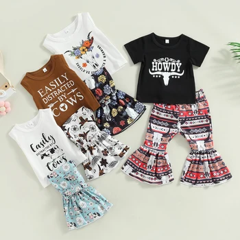 Комплект летни дрехи за малките Момичета, Тениска с кръгло Деколте и къс ръкав с писмото Принтом + Разкроена панталони с изображение на главата на Бик