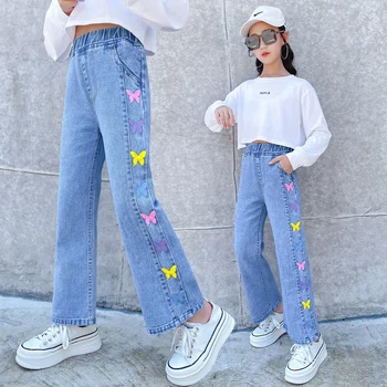 Пролетно-есенен детски Дънки за момичета, широки, меки дънкови Панталони с принтом Пеперуди отстрани, детска долната част за момичета, 6, 8, 10, 12 години, Панталони
