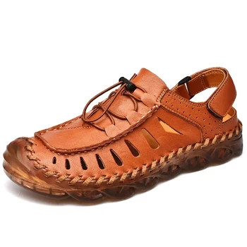 Сандали 2021 Нови Летни Мъжки Кожени Обувки Baotou с дупки, Удобни Улични Плажни Сандали Без Закопчалка, Мъжки Ежедневни Обувки