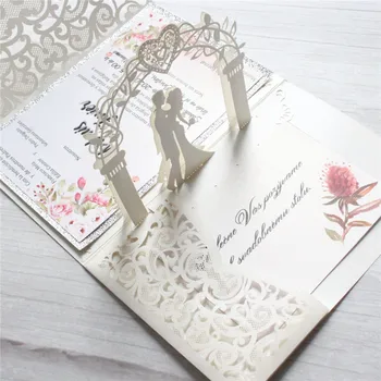 Слонова кост всплывающая сватбена картичка за свети валентин поздравителна картичка за персонализиране печат блясък сребърен кант 50 комплекти