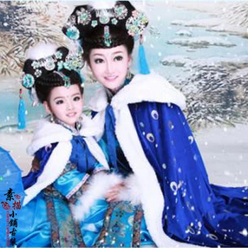 Хан Дзян Чу Синя Зимна Костюм Принцеса на Династия Цин с Кожа Плащом Qifu за майки и дъщери, Комплект Hanfu за родители и деца